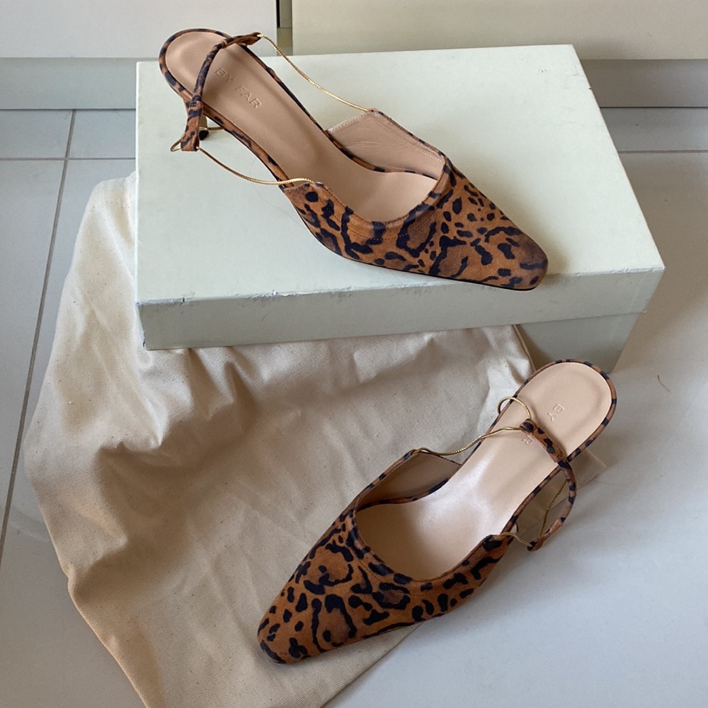 by FAR Women's Black Gabriella Chain-trimmed Leopard Suede Slingback Pumps